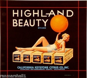 Impresión de etiqueta de caja de cítricos naranja Highland San Bernardino Highland Beauty - Imagen 1 de 1