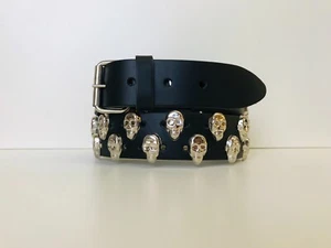 BLACK REAL LEATHER 2 ROWS SKULL STUDDED BELT - GOTHIC/ROCK - S, M, L, XL (SKB2) - Picture 1 of 4