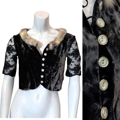 Vintage 50’s MINK FUR TRIM VELVET CROP TOP S Goth Lace Sleeves Shirt Button Up - Image 1 of 4