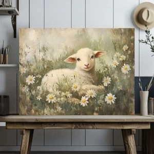 Spring Lamb Canvas Print with Daisies – Rustic Easter Farmhouse Decor - Picture 1 of 18