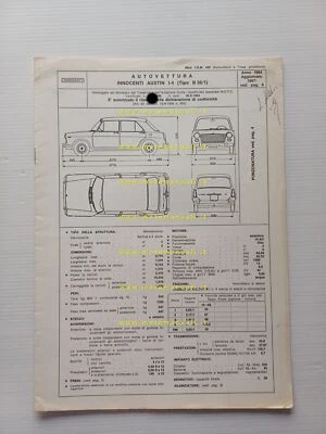 Innocenti Austin I-4 1964 agg. 1967 scheda omologazione DGM Motorizz. Facsimile - Immagine 1 di 3