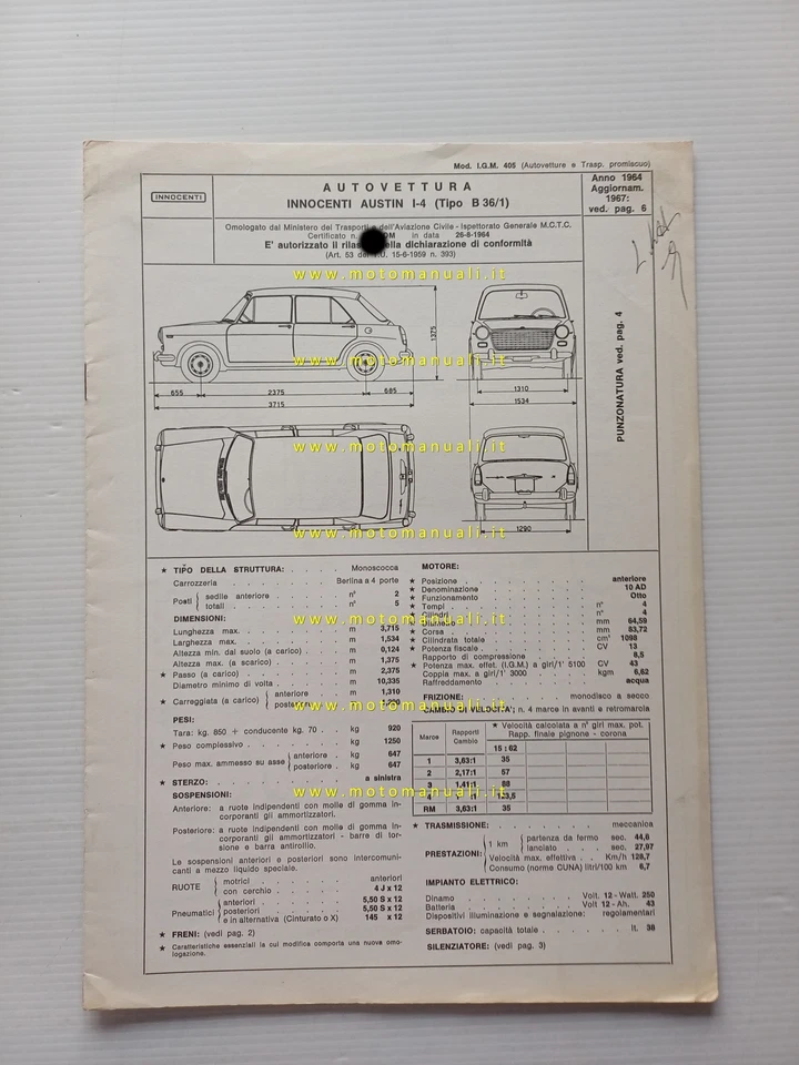 Innocenti Austin I-4 1964 agg. 1967 scheda omologazione DGM Motorizz. Facsimile - Immagine 1 di 3