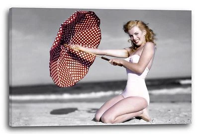 Lein-Wand-Bild: Marilyn Monroe am Strand on beach retro vintage 50er Model - Bild 1 von 2