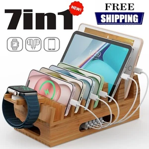 7in1 Bamboo Multi-device Organizer Stand Charging Station Dock for Phone&Tablet - Picture 1 of 10