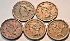 Lot (5) Coronet Head Braided Hair Large Cents 1817 1842 1845 1851 1854 Penny 1C