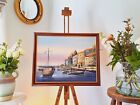 Framed Oil Painting - Mediterranean Village Harbour View at Dawn