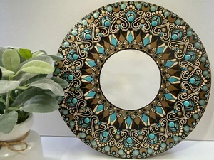 16” Round Mirror - Turquoise & Brown - Wood (Synthetic Turquoise) - Picture 1 of 9