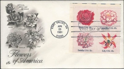Scott 1879a FDC with Block of 4 - 18 cent - 1981 - Flowers of America - FDOI - Image 1 of 2