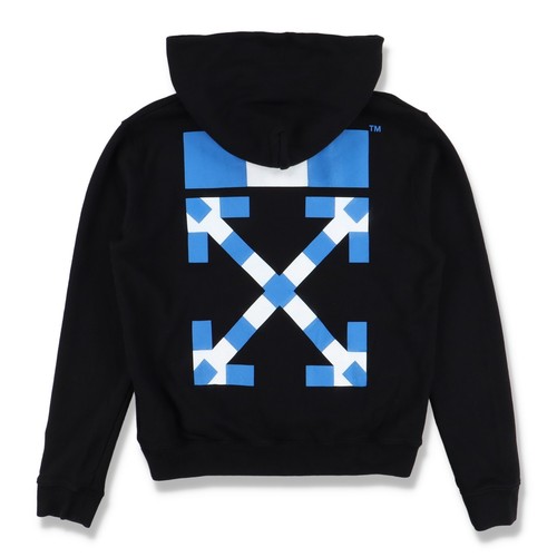 Felpa con cappuccio Off White nera e blu con logo frecce a scacchi Taglia M FW18 $625