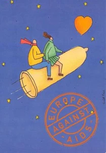 EUROPE AGAINST AIDS Couple Riding Condom Ship OVERSIZE 4'X6' Artist's Postcard - Picture 1 of 2