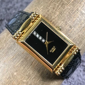 Benrus Women Tank Black Leather Rectangular Quartz Analog Watch 7 1/4" - Picture 1 of 12