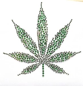 #8634 4 1/4"H Pot Leaf Ganja Marijuana weed Rhinestone & Stud HOTFIX transfer - Picture 1 of 2