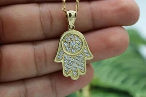 2.25ct Round Lab Created Diamond Hamsa Hand Pendant Charm 14k Yellow Gold Finish - Picture 1 of 5