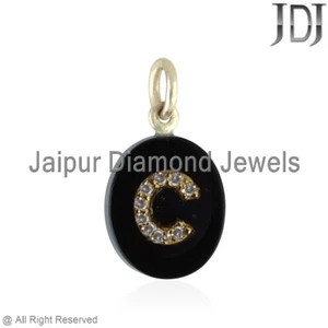 C Initial Natural Diamond Solid 18k Yellow Gold Onyx Gemstone Gold Pendant - Picture 1 of 9