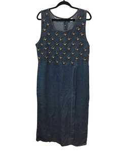 Jane Ashley Jumper Dress Womens L Blue Denim Grandmacore Maxi Embroidered Floral - Picture 1 of 8