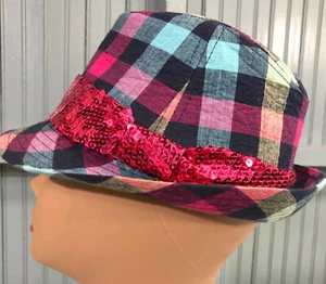 Justice Colorful Pink Plaid Girls Juniors Fedora Sequin Hat Cap - Picture 1 of 7