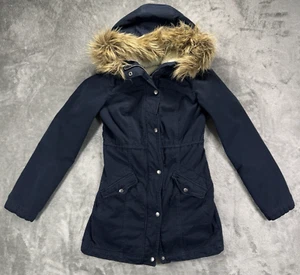 Hollister Coat Womens Small Navy Sherpa-Lined Canvas Faux Fur Hooded Full-Zip - Picture 1 of 15