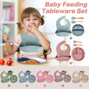 Kids Silicone Feeding Tableware Set Suction Food Bowl Fork Spoon Feeding Utensil - Picture 1 of 19