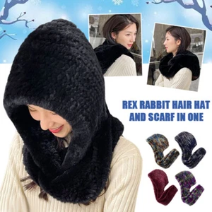 Women Faux Knitted Rex Rabbit Fur Hat Hooded Scarf Long Neck Collar Scarves - Picture 1 of 24