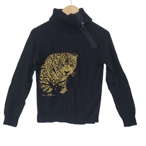 Lauren Ralph Lauren Black Turtleneck Sweater Gold Leopard Y2K Casual Glam Preppy - Picture 1 of 5