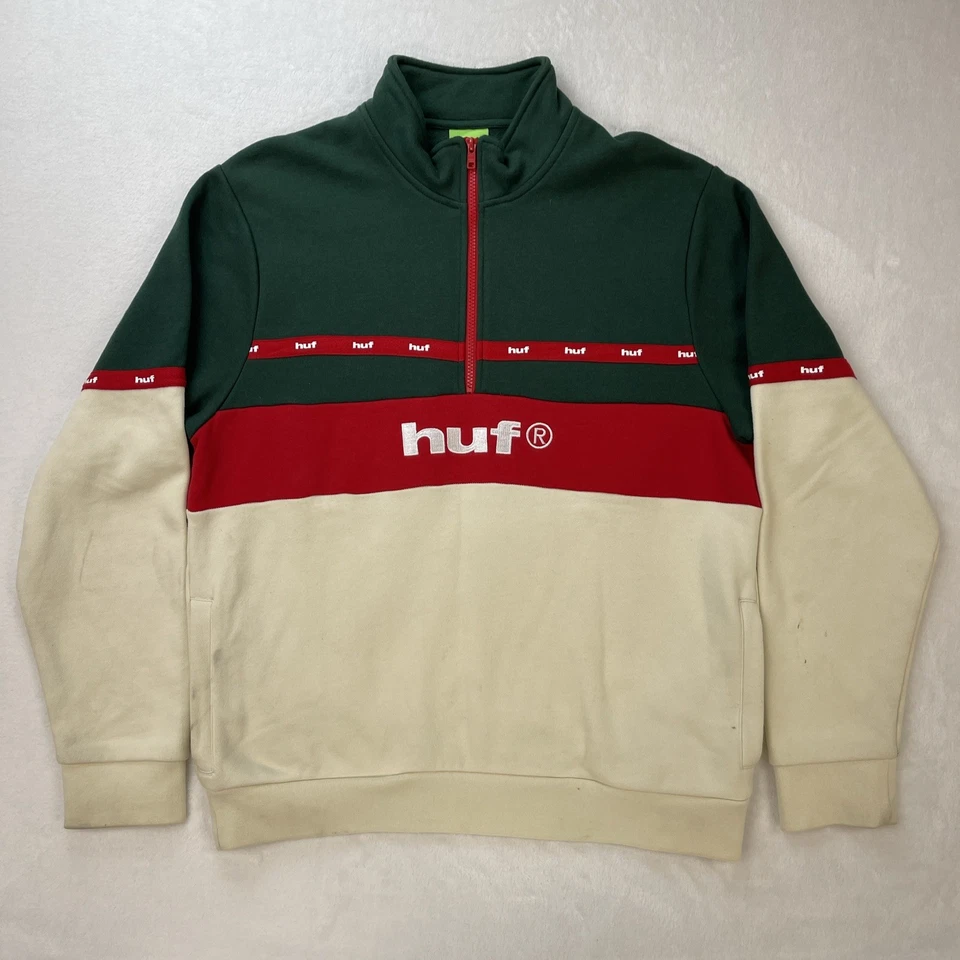 Sudadera HUF Grabada Para Hombre 1/4 Cremallera Verde Rojo Blanco Para Hombre Talla Grande L Patín Foto 1 de 4