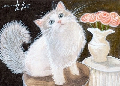 Muñeca de trapo ACEO original dibujo pastel gato con rosas por Anna Hoff Alemania Foto 1 de 2
