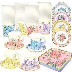 40 Set Floral Tea Cups and Saucers Disposable Tea Party Supplies Colorful Flower - Picture 1 of 7