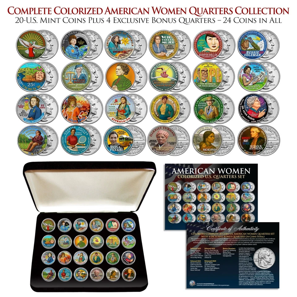 Juego de 20 monedas coloreadas de cuartos de galón American Women + 4 monedas de bonificación exclusivas con CAJA Foto 1 de 3