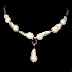 925 Sterling Silver Necklace Octagon Amethyst 9x7mm Pearl Gemstone 18 Inches - Picture 1 of 14