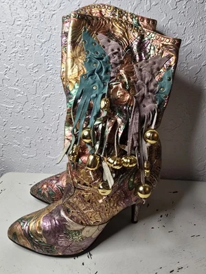 Botas metálicas estilo glamour occidental vintage de cuero para mujer 7 M borlas con cuentas ECU Foto 1 de 4