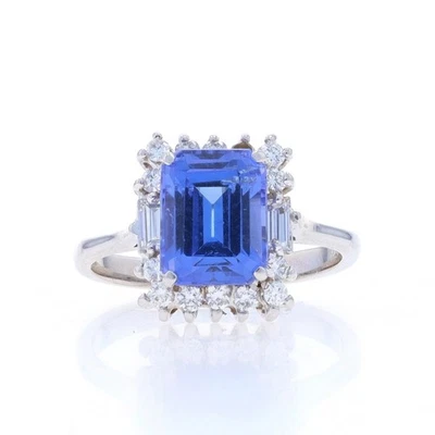 White Gold Tanzanite & Diamond Halo Ring - 18k Emerald Cut 2.51ctw Cathedral - Image 1 of 4