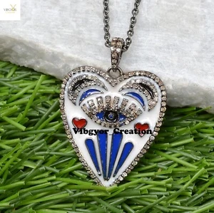 Pave Diamond Enamel Heart Pendant 925 Sterling Silver Evil Eye Unisex Necklace - Picture 1 of 4
