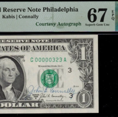1969B $1 Federal Reserve Note PMG 67EPQ - Courtesy Autograph - Low Serial Number - Image 1 of 3