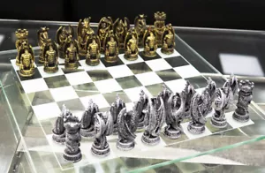Ebros Silver Gold Fantasy Dungeons And Dragons Resin Chess Pieces Glass Board - Picture 1 of 9
