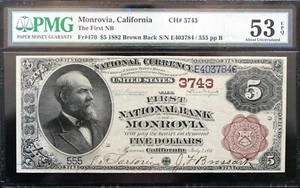 1882 $5 Brown Back Monrovia, California PMG 53 EPQ Fr. 470 Rare Note! - Picture 1 of 2