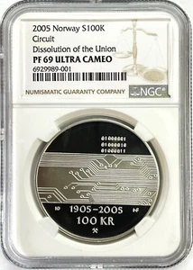2005 SILVER NORWAY 100 KRONER DISSOLUTION OF THE UNION COIN NGC PF 69 UC - Picture 1 of 2