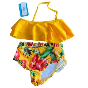 IFFEI Girls Flamingo Swimsuit Ruffle Two Piece Bathing Suit Yellow Size 4-5Y - Picture 1 of 8