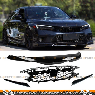 TYPE-R STYLE BLACK UPPER TRIM REPLACEMENT+UPPER GRILL FOR 2022-2024 HONDA CIVIC - Image 1 of 4
