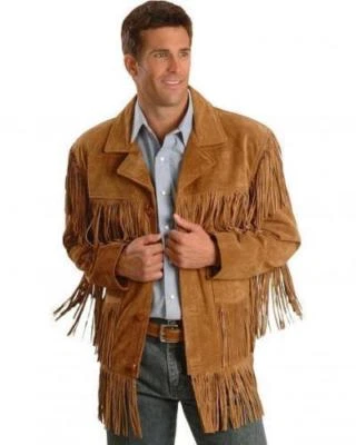 Men Western Cowboy Suede Fringe Jacket Native American Fringe Leather Jacket - Image 1 of 4