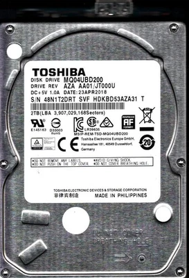 MQ04UBD200 HDKBD53AZA31 T REV:AZA AA01/JT000U 2TB APR 2018 PHILIPPINES TOSHIBA - Image 1 of 3