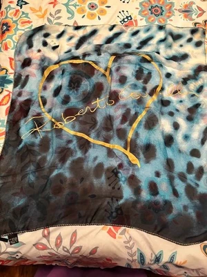 Raro Bufanda Vintage Roberto Cavalli Azul Negro Dorado Corazón 100% Seda 24" Italia Foto 1 de 4