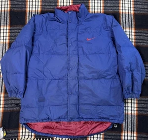 Vintage Nike Swoosh Puffer Jacket Adult XXL Blue Red White Tag 90s Full Zip Coat - Picture 1 of 13