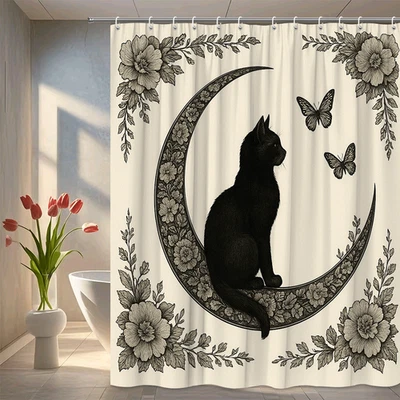 Cortina de ducha floral luna gato negro - decoración del hogar estilo vintage Foto 1 de 4