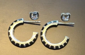 925 Sterling Silver Inlaid Onyx Striped Hoop Post Earrings - Picture 1 of 5