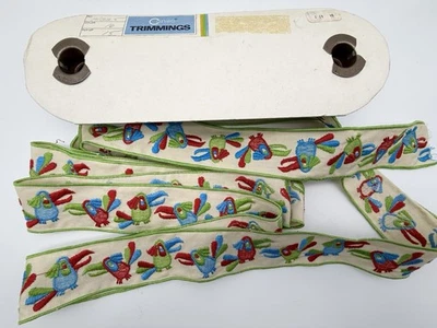 Vtg Toucan Bird Embroidered Edging Trim Ribbon Red Blue Green 1.875 In x 23.7 Ft - Image 1 of 4