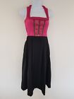 Vintage Dress Pink Black Dirndl Pinafore Retro Pockets Size 10 Embroidery Pleats