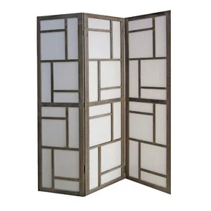 50 Gray and White Wood and Fabric Three Panel Screen Room Divider - Picture 1 of 2