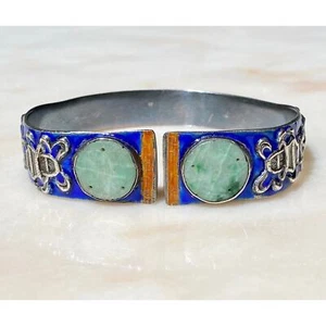OLD ANTIQUE CHINESE ENAMELED SILVER BRACELET W CARVED GREEN JADEITE JADE INSETS - Picture 1 of 13