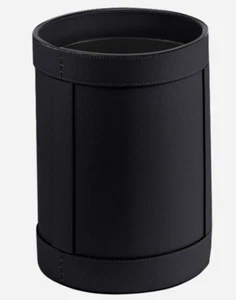 Shwaan Harness Leather Office Black Home Cylindrical Round Leather Trash Can - Picture 1 of 7