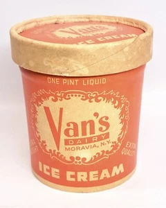 VINTAGE VAN'S DAIRY MORAVIA 1 PINT WAXED CARDBOARD ICE CREAM CONTAINER - Picture 1 of 7